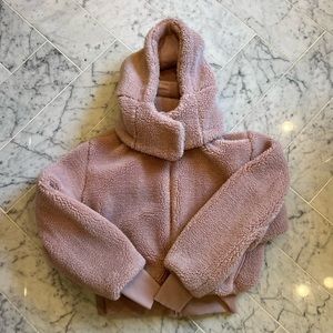 Pink Alo Women’s teddy bear jacket with removable hood.